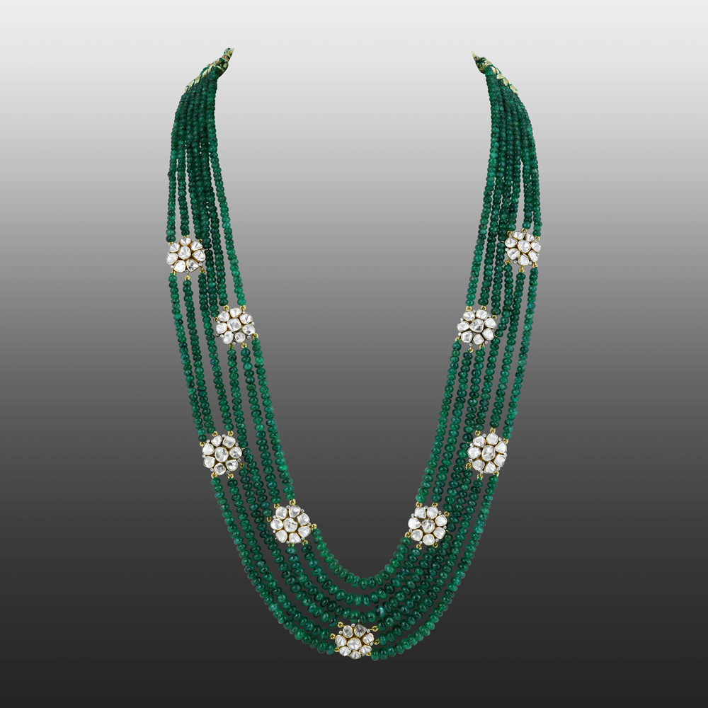 Layered Emerald Bead Necklace with Polki Floral Clusters